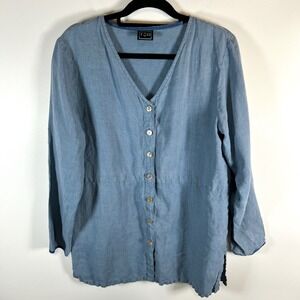 TSD Women's Blue Linen Blend V-Neck Button Front Tunic Top Size L
